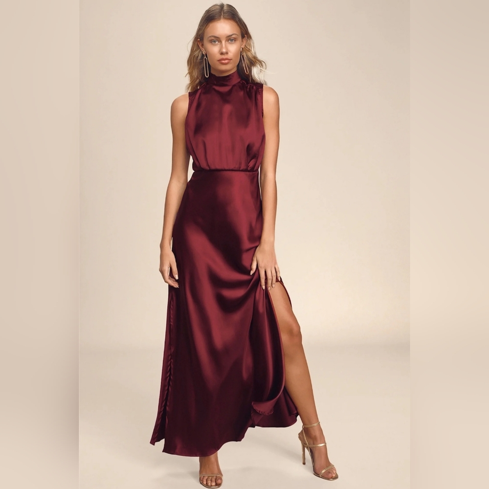 Lulus - Classic Elegance Wine Satin Maxi Dress - Picture 5 of 7